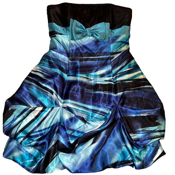 Jessica McClintok Gunne Sax 5 LBD Blue Strapless Satin Fit Flare Dress Blue Bow‎ - Picture 6 of 13